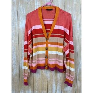 Women's Ann Taylor Pink Coral Tan Striped Cardigan Sweater Size XL